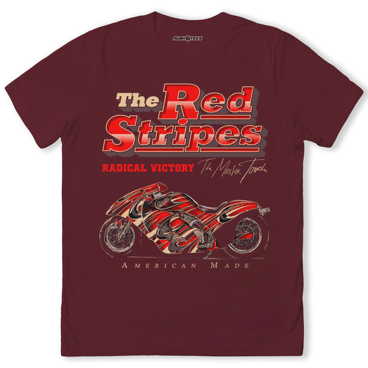 The Red Stripes biker t-shirt featuring custom motorcycle graphic, bold design, and comfortable fit in maroon.