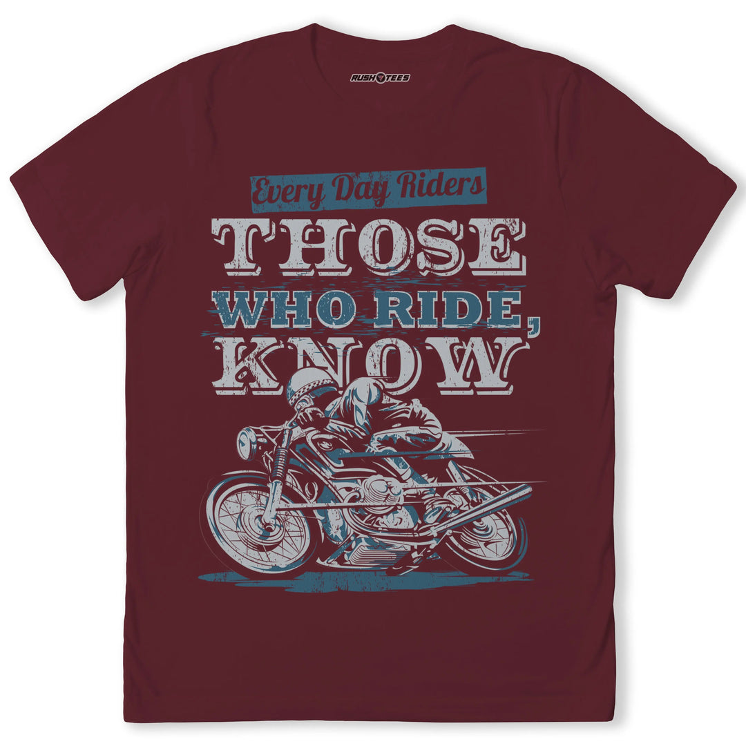 Everyday Riders t-shirt featuring a motorcyclist graphic and slogan, perfect for motorcycle enthusiasts and bikers.