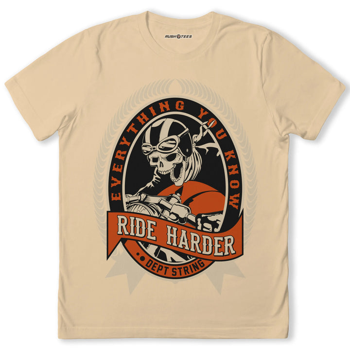 Ride Harder T-shirt featuring a skeleton biker graphic, perfect for motorcycle enthusiasts and rebel riders.