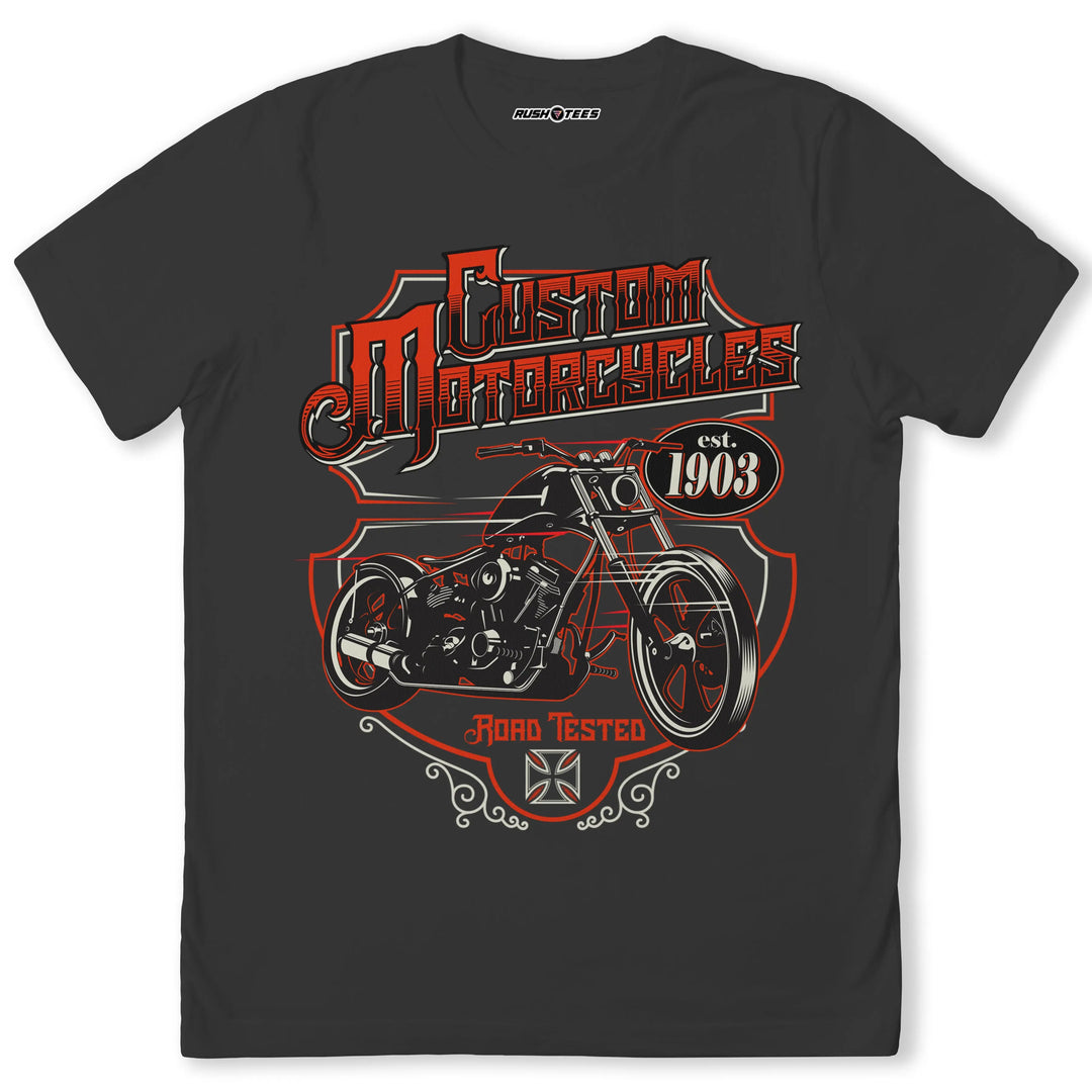 Custom Motorcycles graphic t-shirt with bold design, perfect for motorcycle enthusiasts and vintage style lovers.