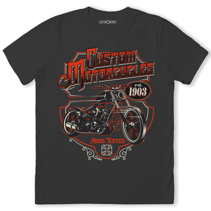 Custom Motorcycles graphic t-shirt with bold design, perfect for motorcycle enthusiasts and vintage style lovers.