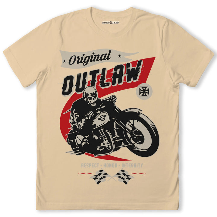 Original Outlaw biker t-shirt featuring a skeleton biker, vintage design, and bold graphic style with red accents.