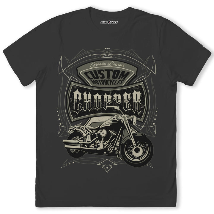 Bold chopper graphic tee featuring classic motorcycle design, perfect for motorcycle enthusiasts and biker culture.