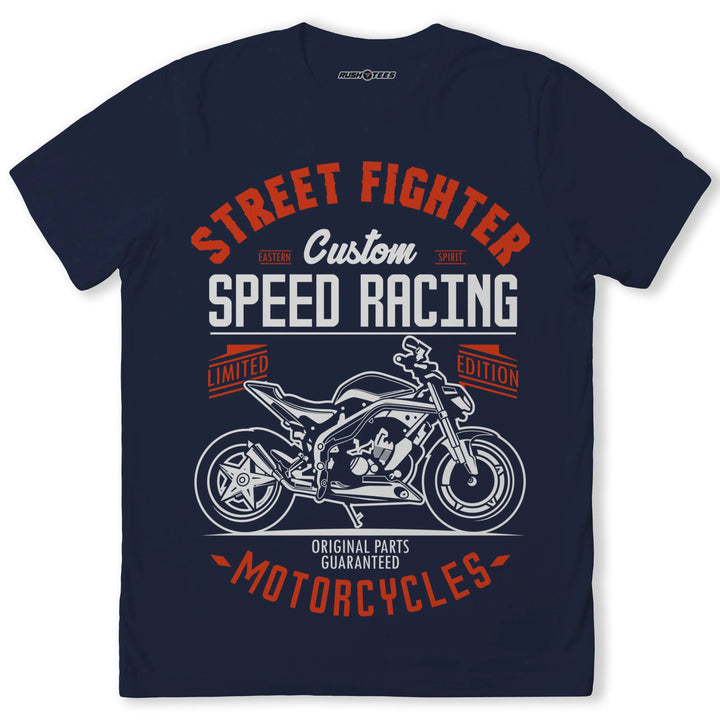 Navy "Street Fighter" Custom Speed Racing T-Shirt featuring a bold motorcycle graphic and original parts text.