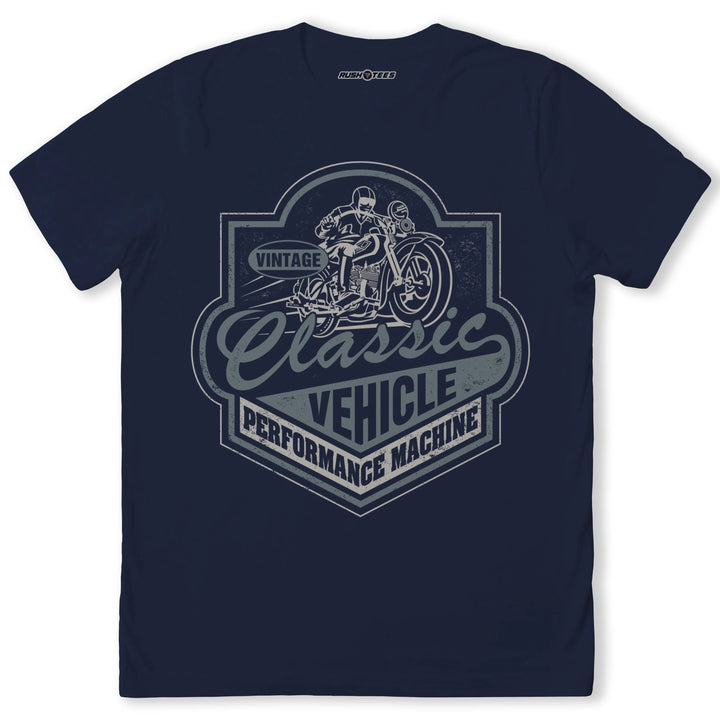 Vintage motorcycle graphic tee featuring "Classic Vehicle Performance Machine" design on navy cotton shirt.