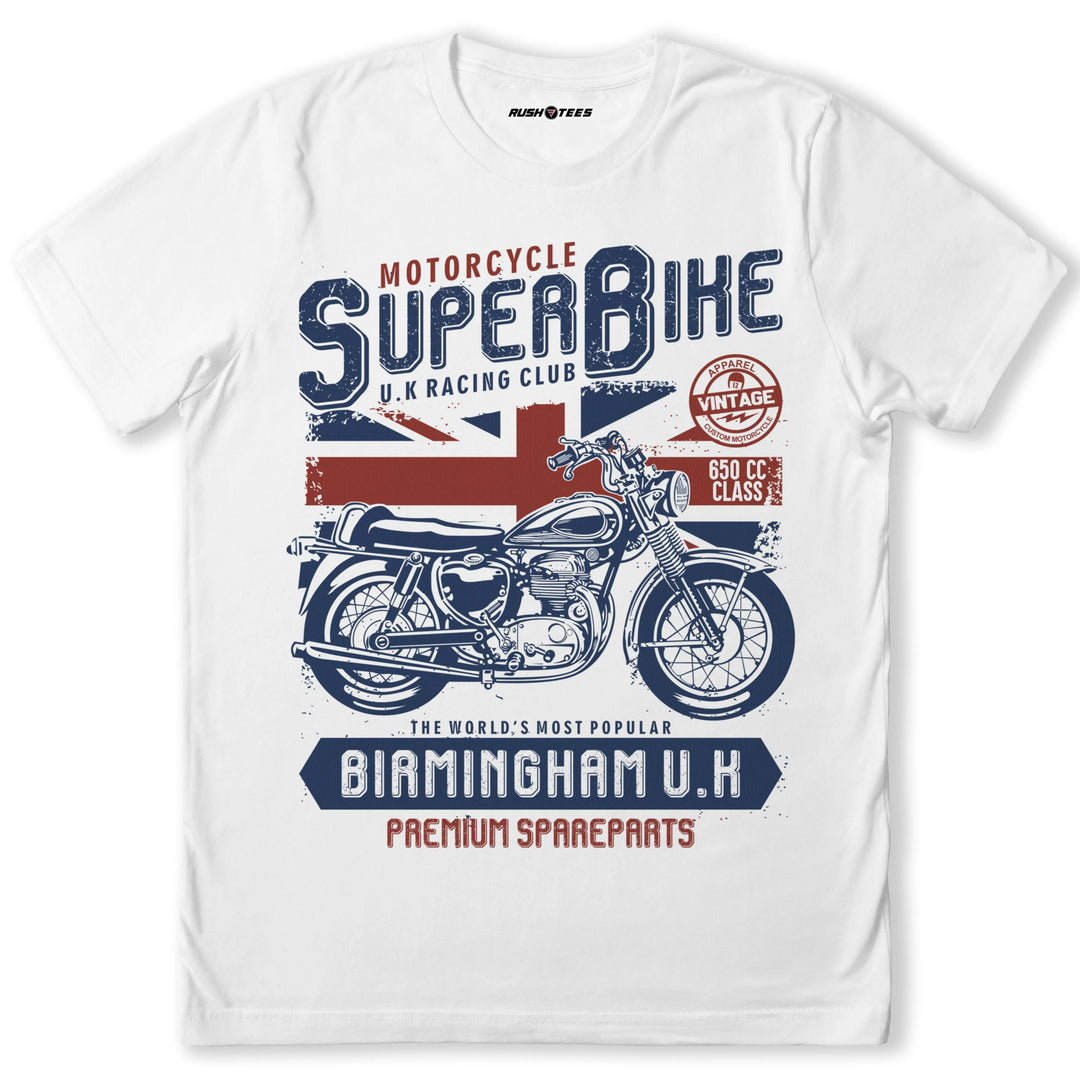 Vintage Superbike T-shirt featuring a classic motorcycle graphic and Union Jack, perfect for motorcycle enthusiasts.
