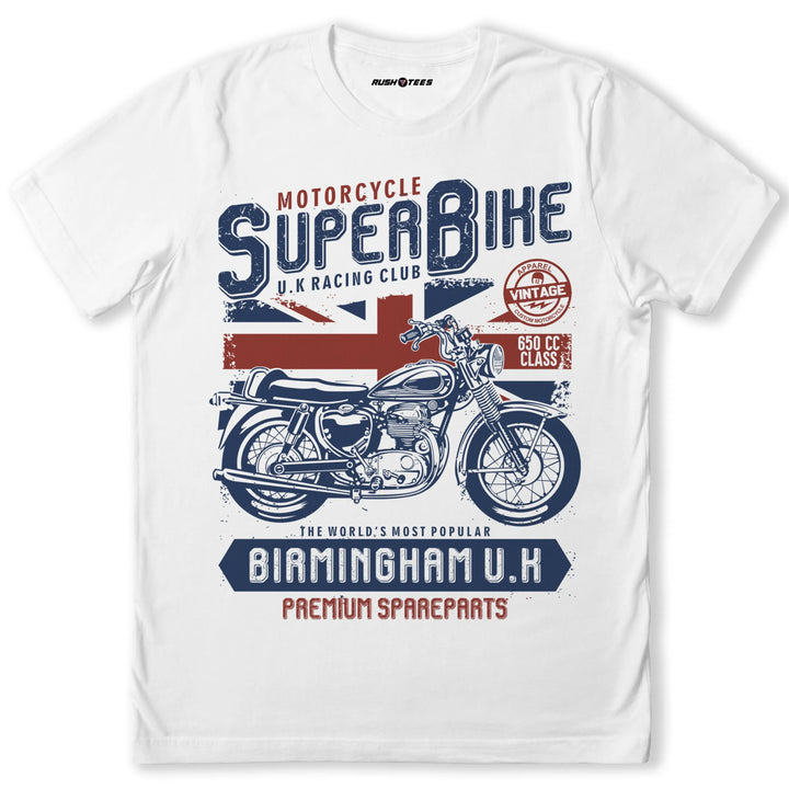 Vintage Superbike T-shirt featuring a classic motorcycle graphic and Union Jack, perfect for motorcycle enthusiasts.