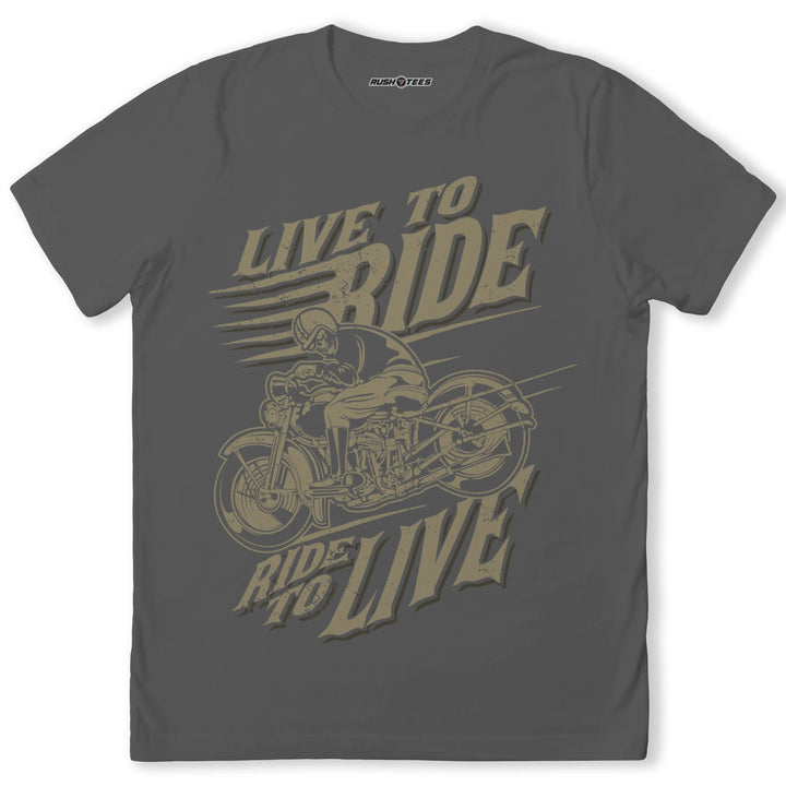 Live To Ride graphic t-shirt featuring a motorcyclist, perfect for bikers and motorcycle enthusiasts.