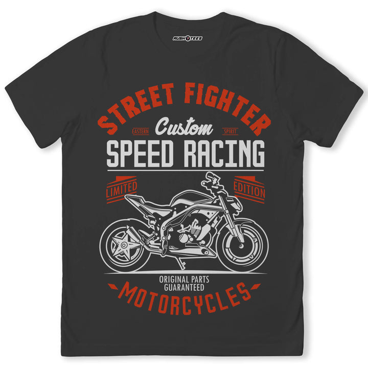 Street Fighter Custom Speed Racing T-Shirt with motorcycle graphic, bold design for motorcycle enthusiasts.