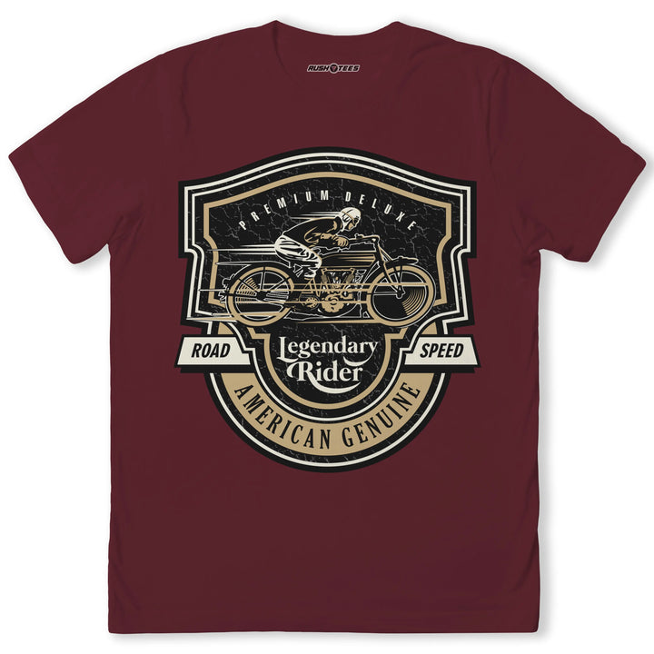Legendary Rider vintage biker t-shirt with classic motorcycle graphic and bold emblem design in maroon color.