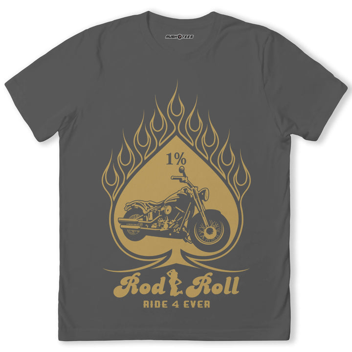 Rod Roll t-shirt featuring a motorcycle graphic, flame design, and '1%' symbol for biker enthusiasts.