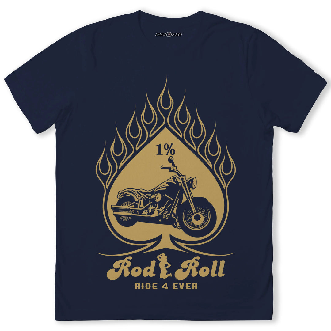 Rod Roll biker t-shirt with flame design, motorcycle graphic, and 'Ride 4 Ever' slogan, perfect for motorcycle enthusiasts.