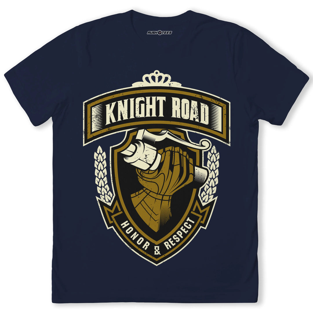 Knight Road biker t-shirt featuring knight's gauntlet emblem, symbolizing honor and respect, in vintage style.