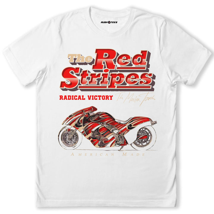 The Red Stripes T-shirt featuring bold motorcycle graphic design in red, perfect for bikers and motorcycle enthusiasts.