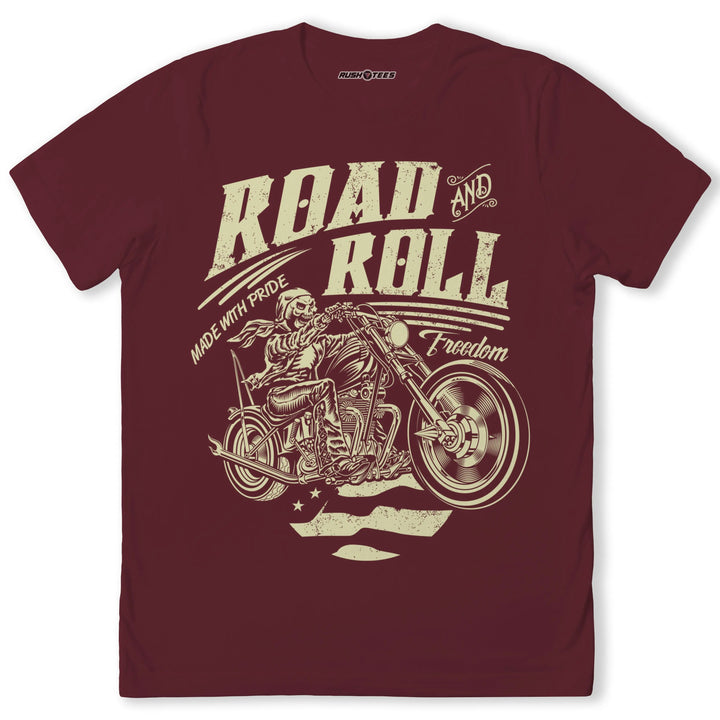 Burgundy 'Road And Roll Freedom' biker T-shirt featuring a chopper graphic and vintage distressed text.