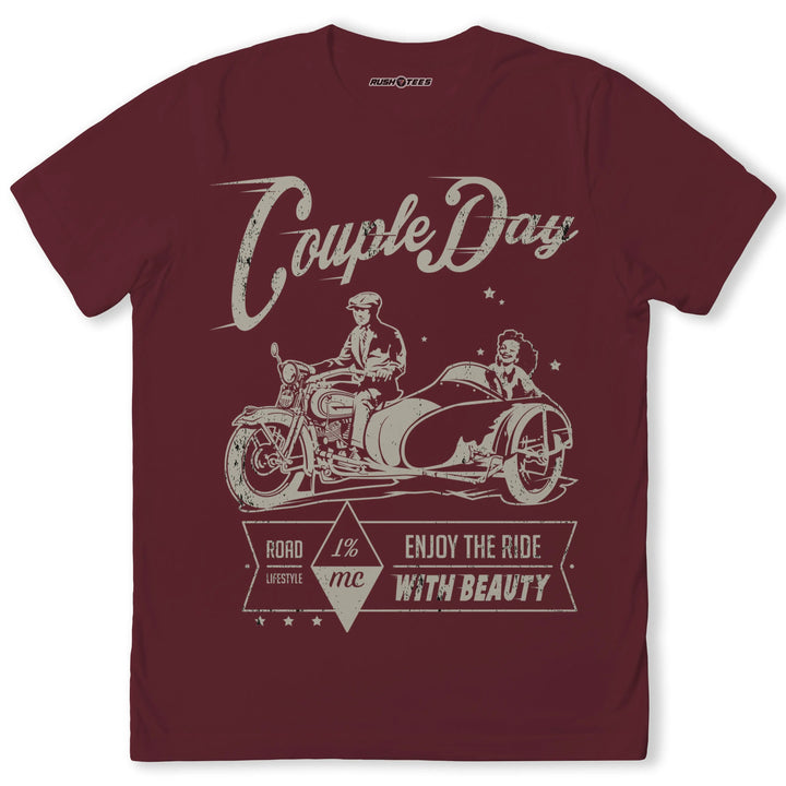 Couple Day t-shirt featuring vintage motorcycle design, celebrating adventure and togetherness, ideal for motorcycle enthusiasts.