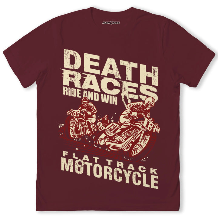 Death Race biker t-shirt featuring vintage motorcycle racers and rugged design, perfect for motorcycle enthusiasts.