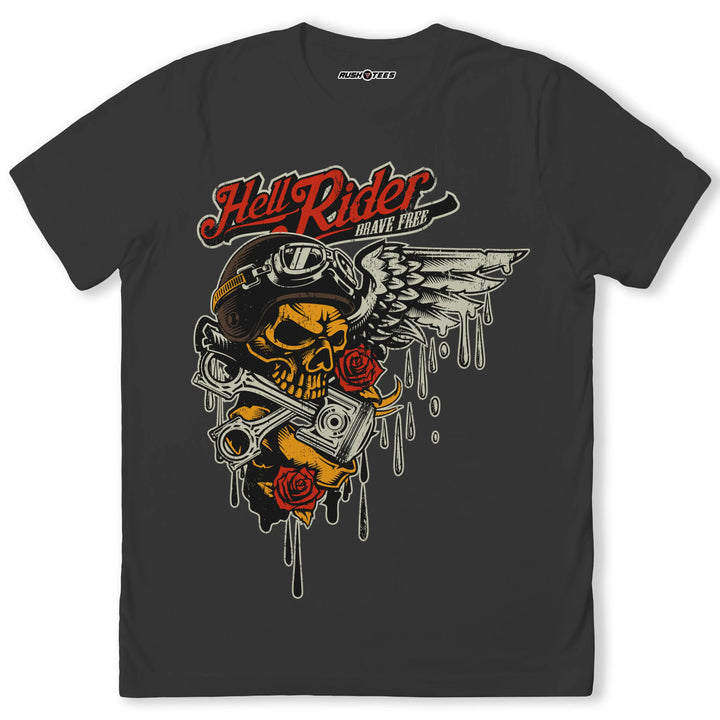 Hell Rider skull graphic t-shirt with wings and roses, perfect for motorcycle enthusiasts and rebels.