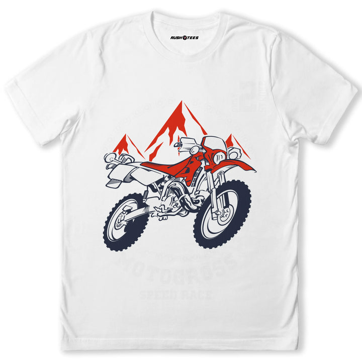 Motocross Speed Race T-shirt featuring dynamic motocross bike graphic with mountains, perfect for motorcycle enthusiasts.
