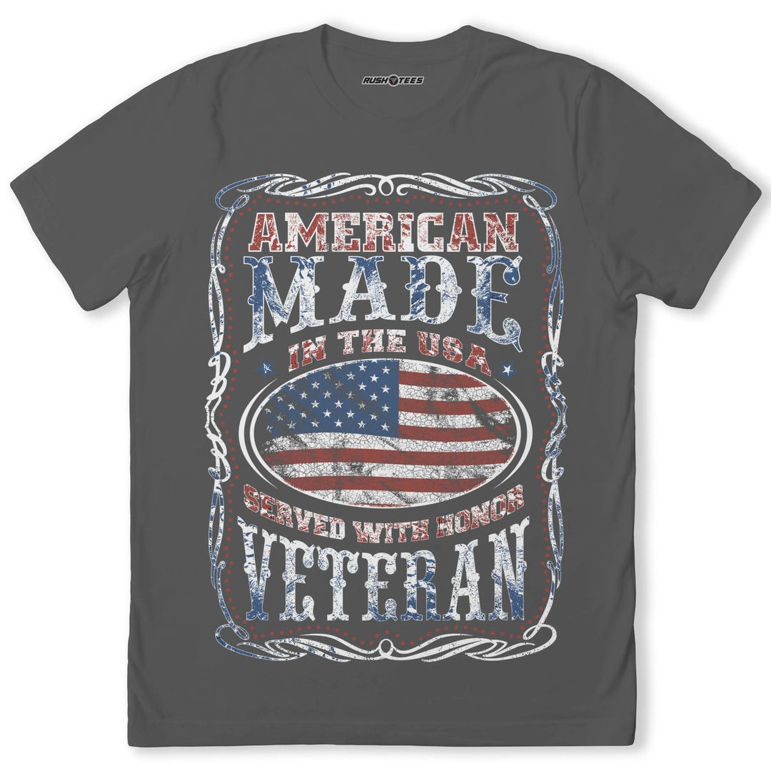 American Made Veteran t-shirt with American flag design, honoring military service for veterans.