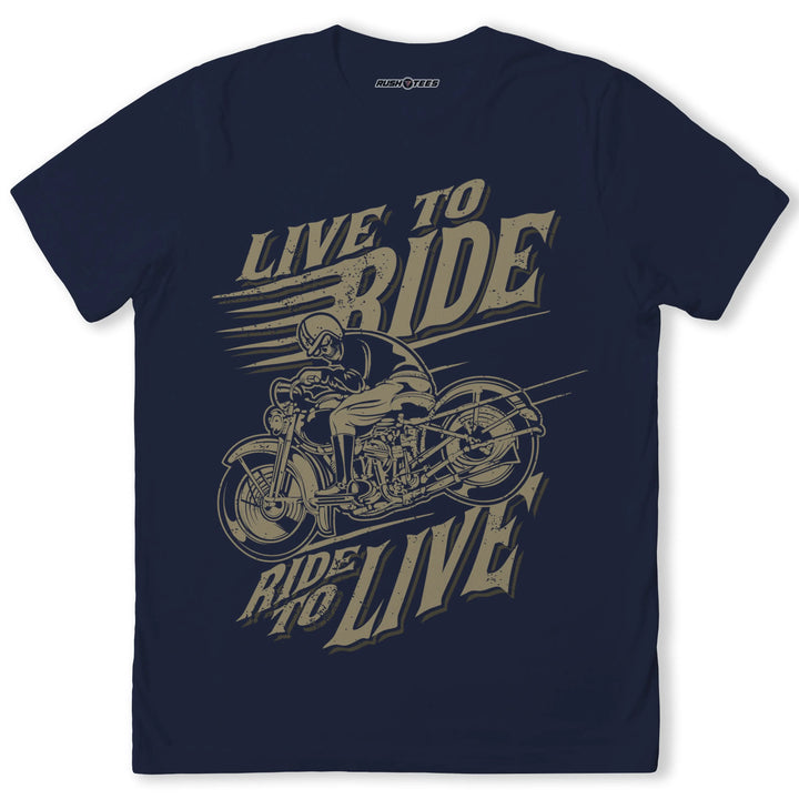 Live To Ride graphic t-shirt featuring a motorcyclist, perfect for motorcycle enthusiasts and biker culture.