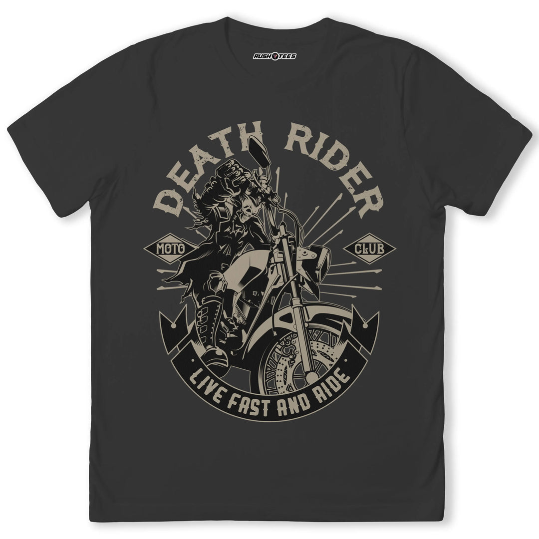 Death Rider motorcycle graphic tee featuring a fierce biker and 'Live Fast and Ride' slogan on a black background.