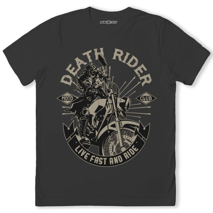 Death Rider motorcycle graphic tee featuring a fierce biker and 'Live Fast and Ride' slogan on a black background.