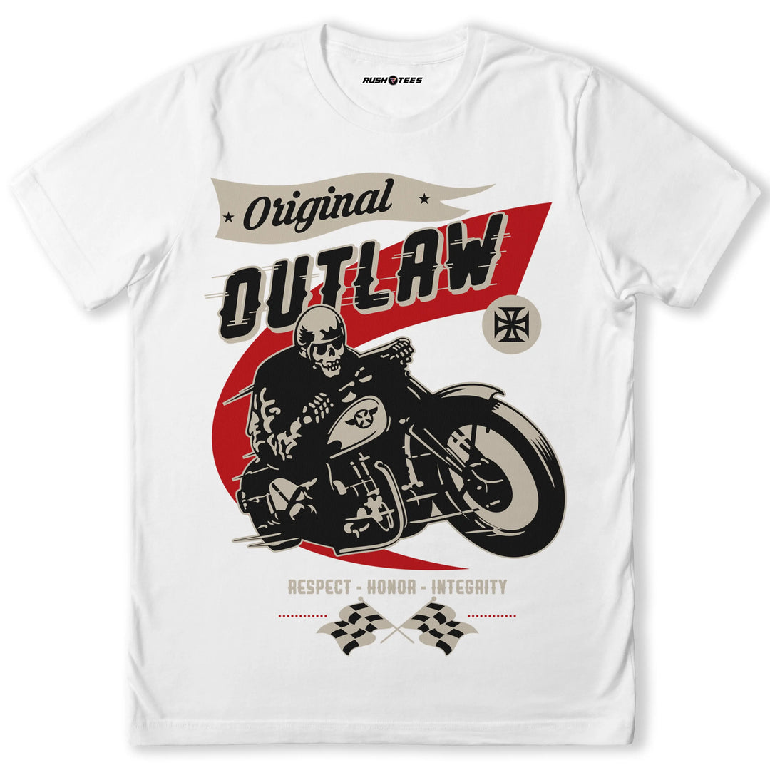 Original Outlaw biker t-shirt featuring a skeleton rider and bold graphic design, embodying rugged motorcycle culture.