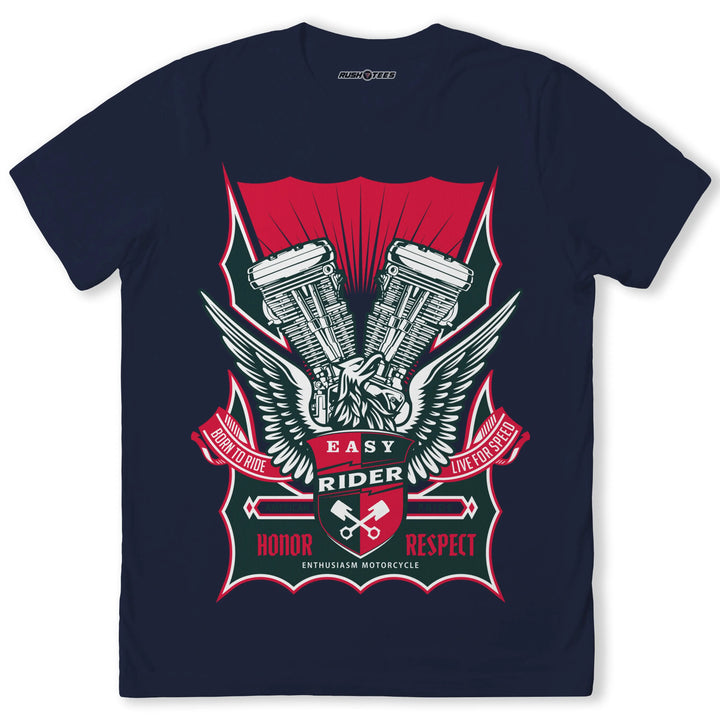 Easy Rider T-Shirt featuring twin engines, wings, and bold slogans for motorcycle enthusiasts.