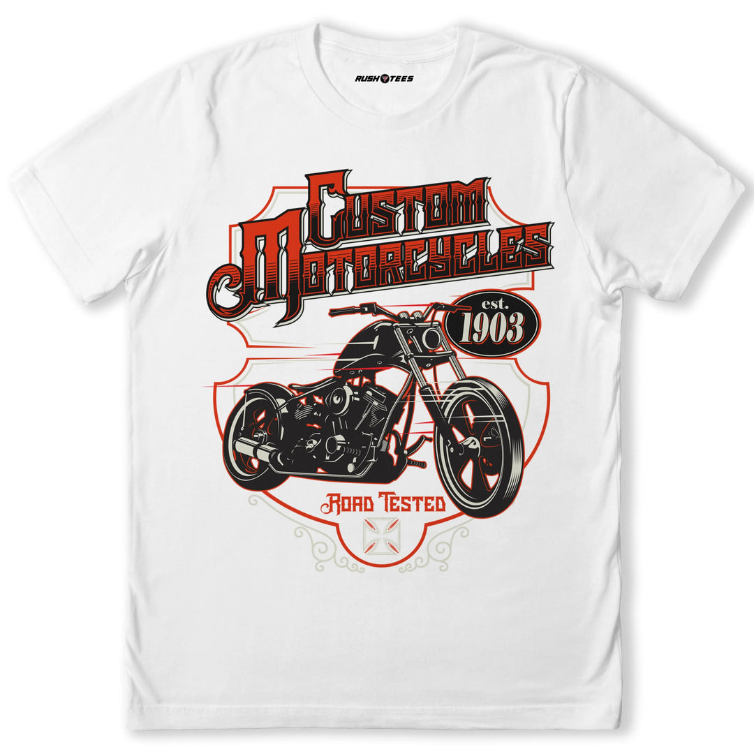 Custom Motorcycles graphic tee featuring a bold chopper design and vintage text, perfect for motorcycle enthusiasts.