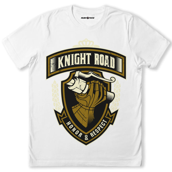 Knight Road T-shirt featuring a knight's gauntlet and scroll design, perfect for motorcycle enthusiasts and rugged fashion.