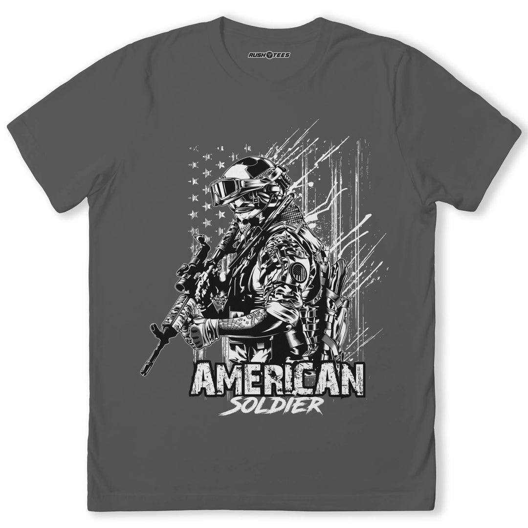 American Soldier illustration t-shirt featuring a detailed graphic of a soldier, honoring veterans and patriotic pride.
