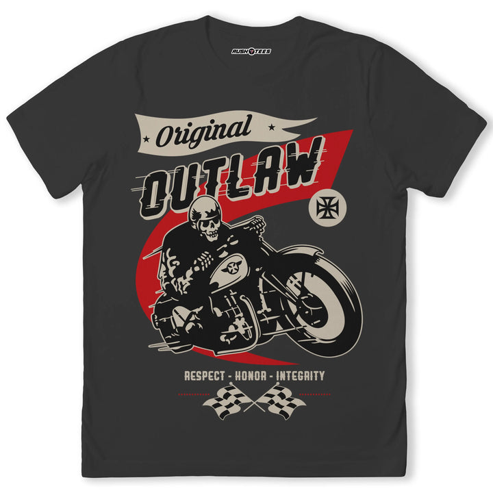 Original Outlaw biker t-shirt with skeleton biker design, bold graphics, and text 'Respect - Honor - Integrity'.