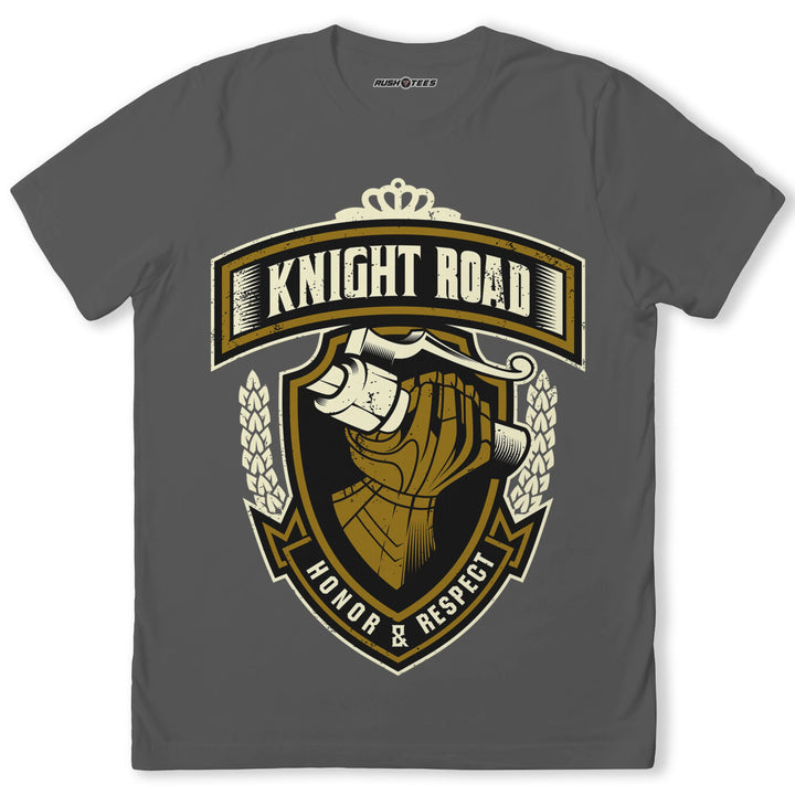 Knight Road T-shirt featuring a knight's gauntlet clutching a scroll, symbolizing honor and respect in a bold graphic design.