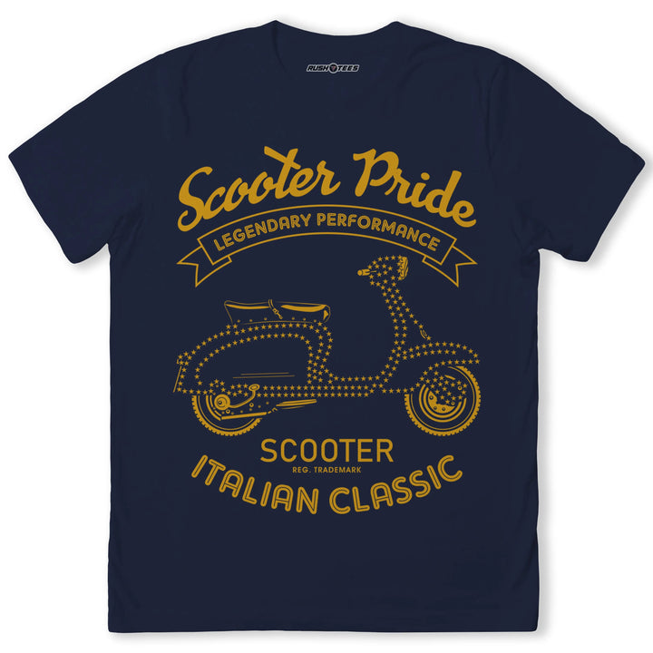 Vintage-inspired 'Scooter Pride' T-shirt featuring detailed scooter graphic, celebrating Italian classic designs.