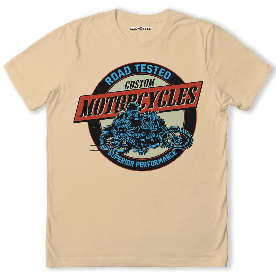Custom Motorcycles 2 T-shirt featuring a biker graphic, bold text, and durable comfort fit for motorcycle enthusiasts.