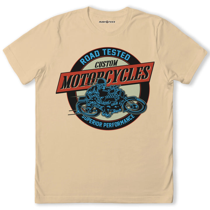 Custom Motorcycles 2 T-shirt featuring a biker graphic, bold text, and durable comfort fit for motorcycle enthusiasts.