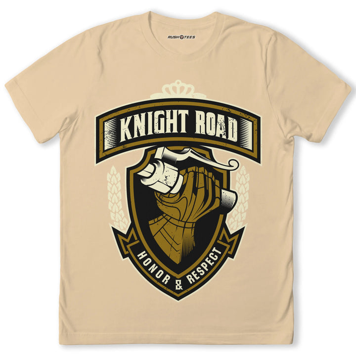 Knight Road T-shirt with knight's gauntlet and scroll design symbolizing honor and respect, perfect for bikers and motorcycle enthusiasts.