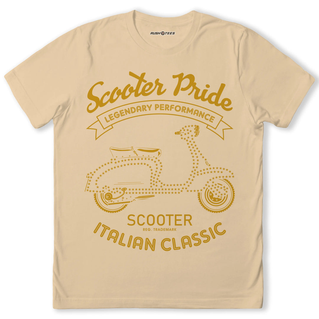 Cream t-shirt featuring 'Scooter Pride' graphic, vintage scooter design celebrating Italian classics and legendary performance.