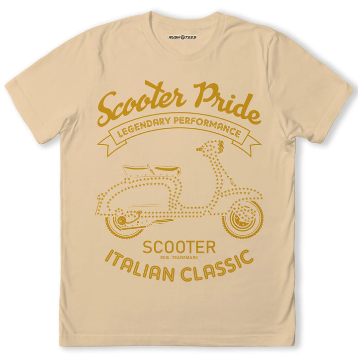 Cream t-shirt featuring 'Scooter Pride' graphic, vintage scooter design celebrating Italian classics and legendary performance.