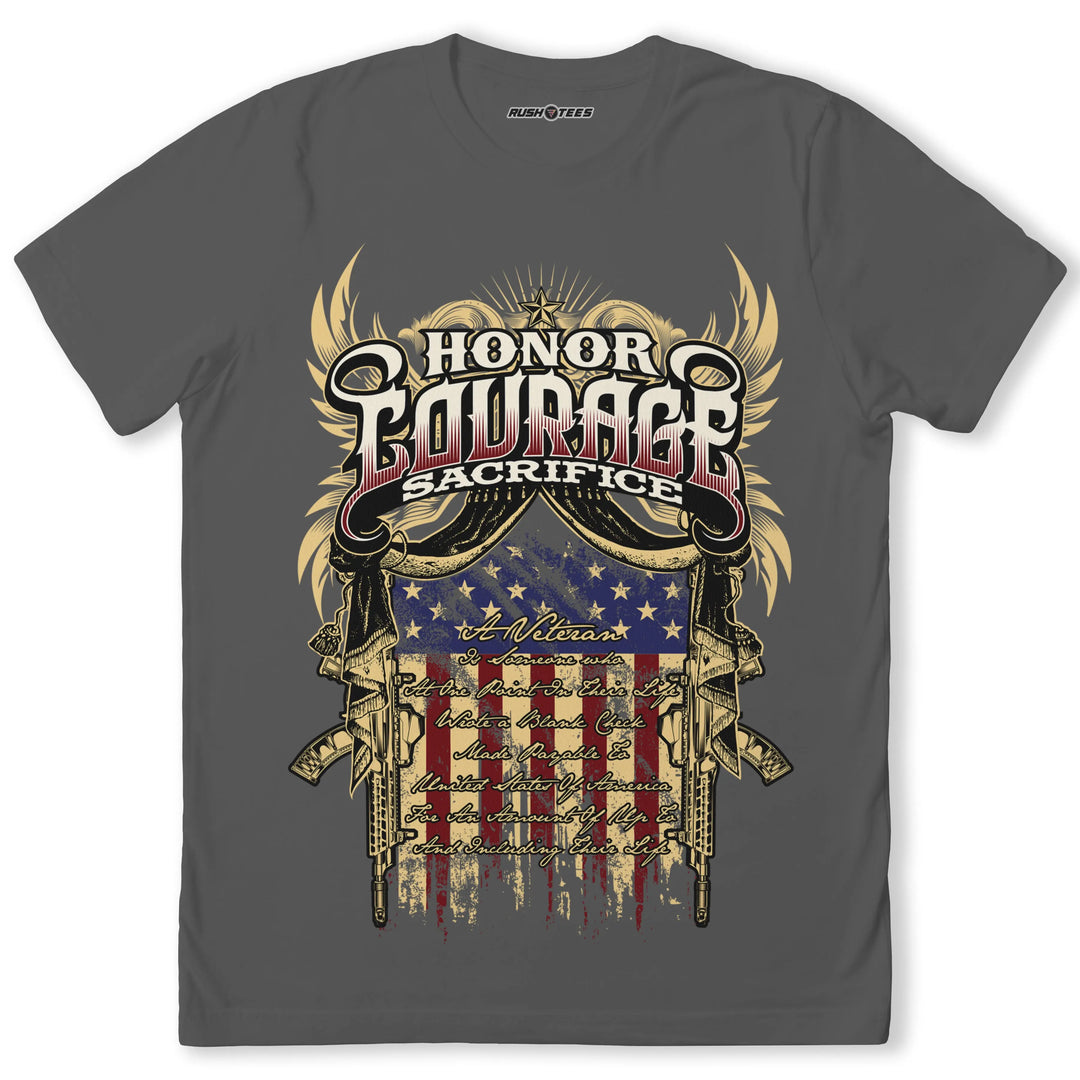 Honor Courage Sacrifice T-shirt featuring American flag, military symbols, and bold graphic design for veterans.