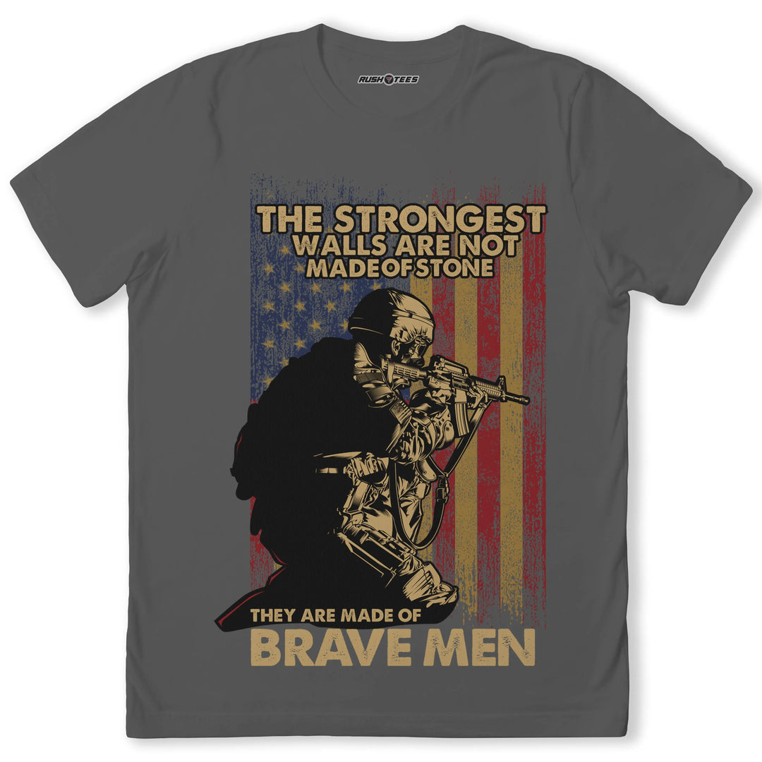 Brave Men flag t-shirt with soldier graphic and American flag, honoring veterans and sacrifice