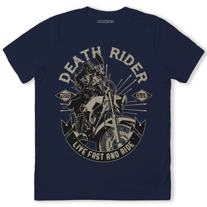 Death Rider biker t-shirt featuring a fierce graphic of a motorcycle rider and 'Live Fast and Ride' slogan.