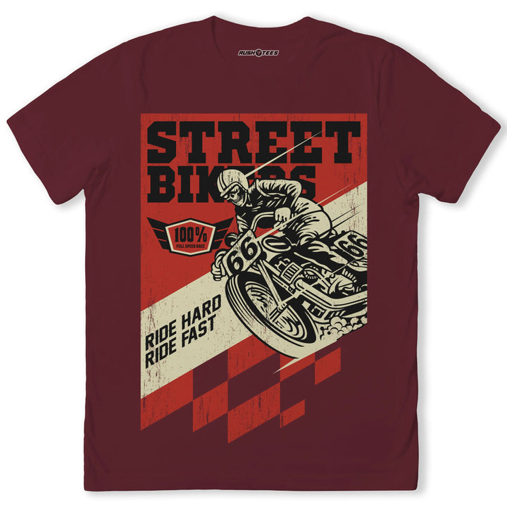Street Bikers graphic t-shirt featuring a vintage motorcycle racer, bold design with 'Ride Hard, Ride Fast' slogan.