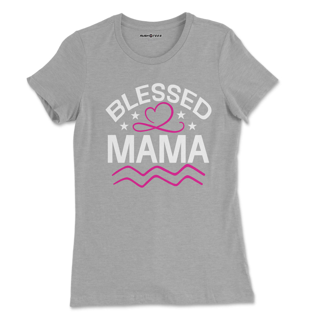 Gray Blessed Mama t-shirt with pink heart design, perfect for Mother's Day gift or casual wear.
