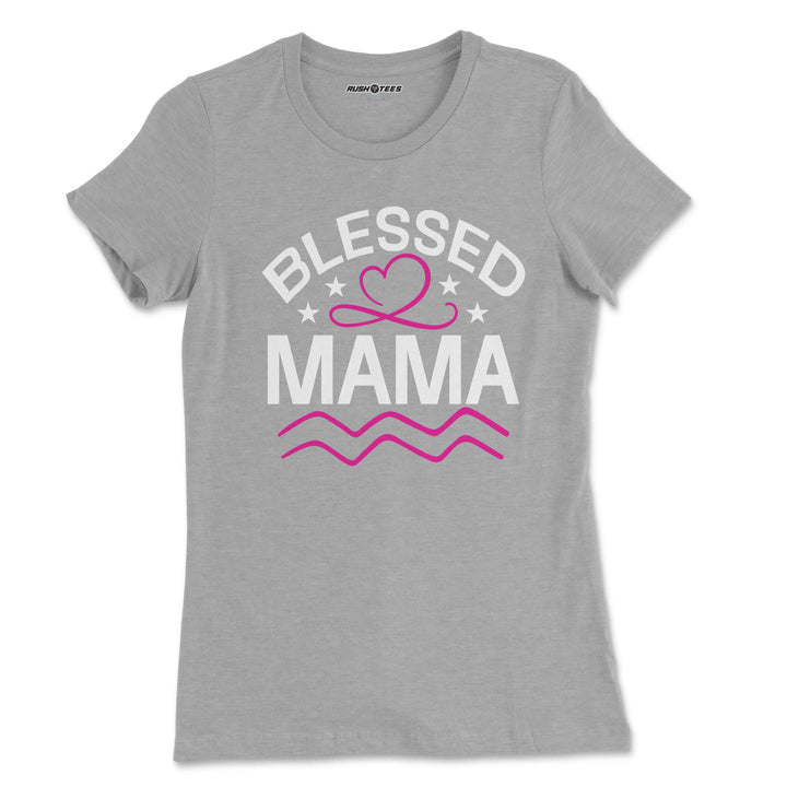 Gray Blessed Mama t-shirt with pink heart design, perfect for Mother's Day gift or casual wear.