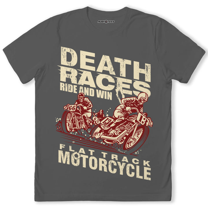 Death Race t-shirt featuring flat track motorcycle racers, vintage graphic design for biker enthusiasts.
