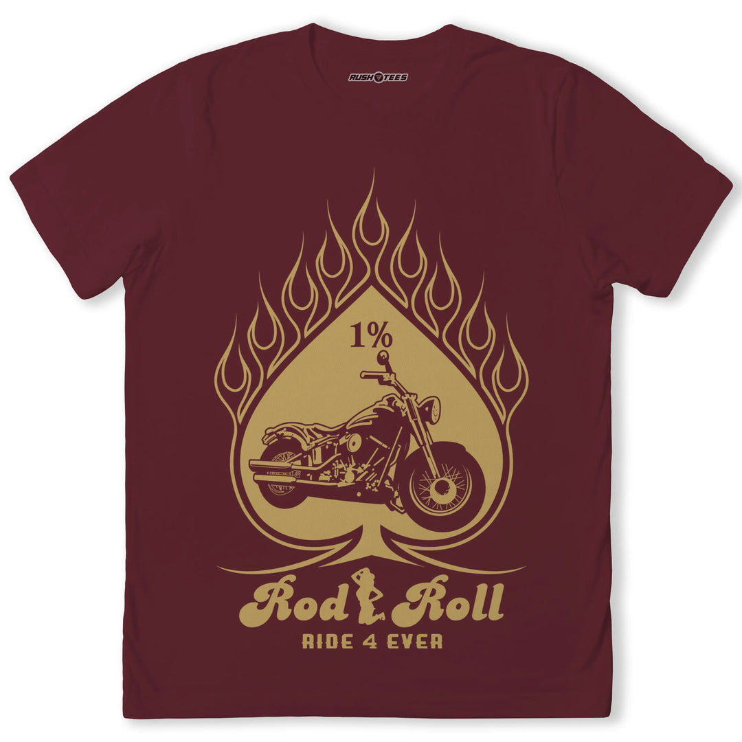 Rod Roll biker t-shirt featuring motorcycle graphic, flame design, and 'Ride 4 Ever' slogan for motorcycle enthusiasts.