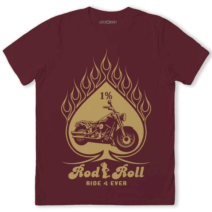 Rod Roll biker t-shirt featuring motorcycle graphic, flame design, and 'Ride 4 Ever' slogan for motorcycle enthusiasts.