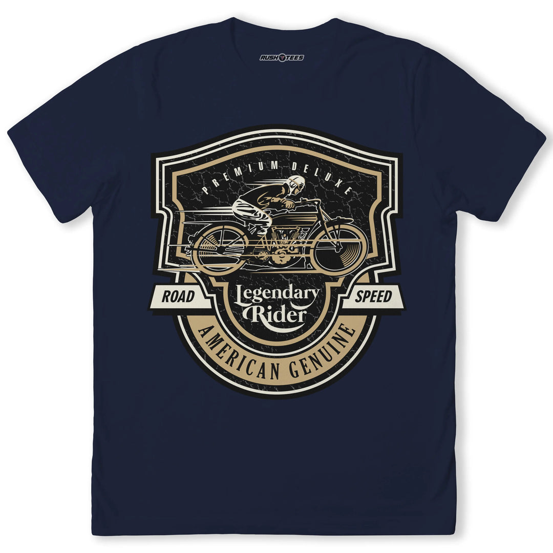 Legendary Rider T-shirt featuring vintage motorcycle design and bold emblem, perfect for motorcycle enthusiasts and chopper lovers.